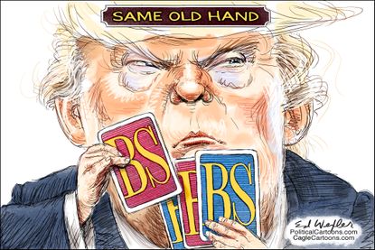 Political cartoon U.S. Trump cards BS poker gambling