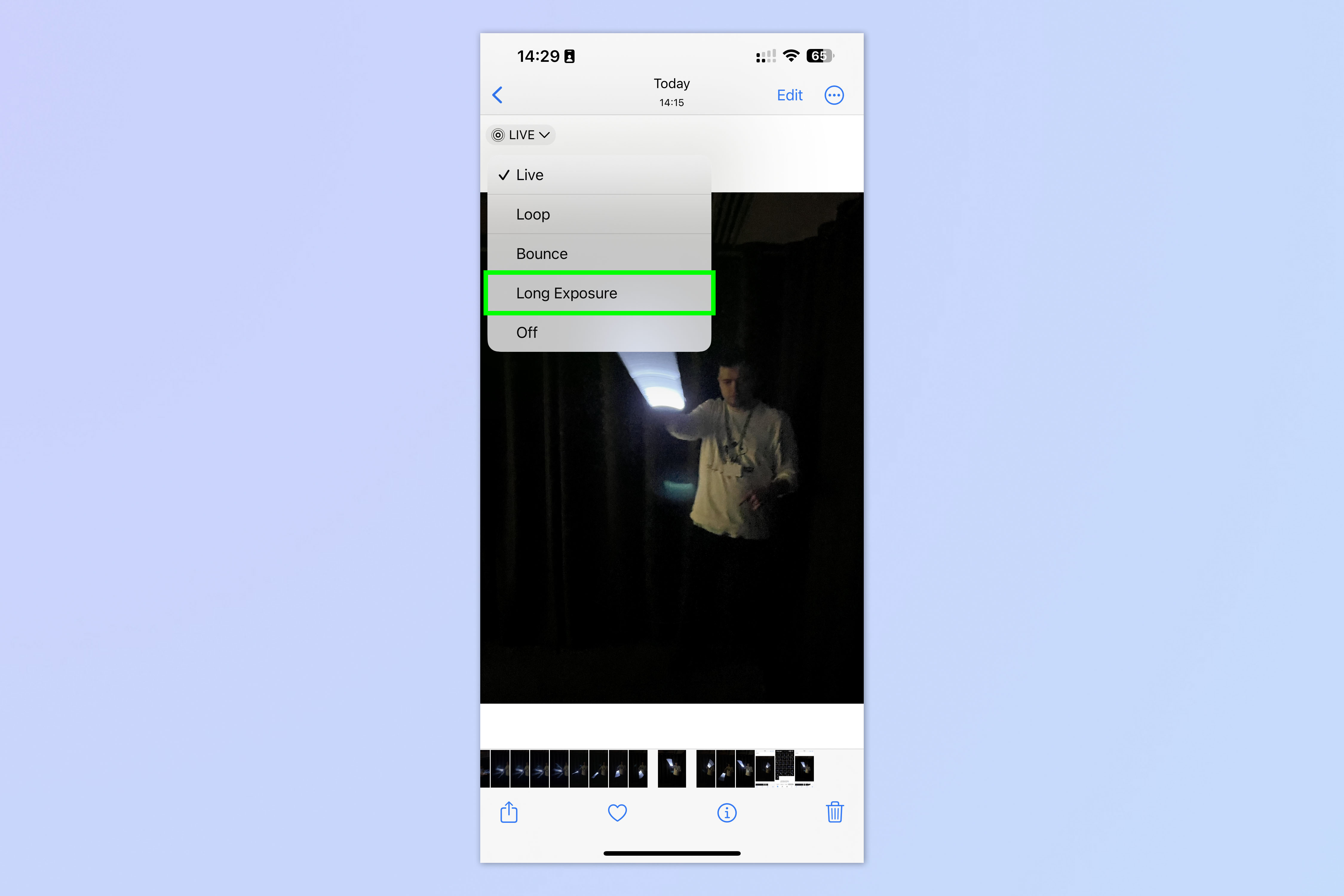 Скриншот, показывающий, как сделать длинную выдержку на iPhone