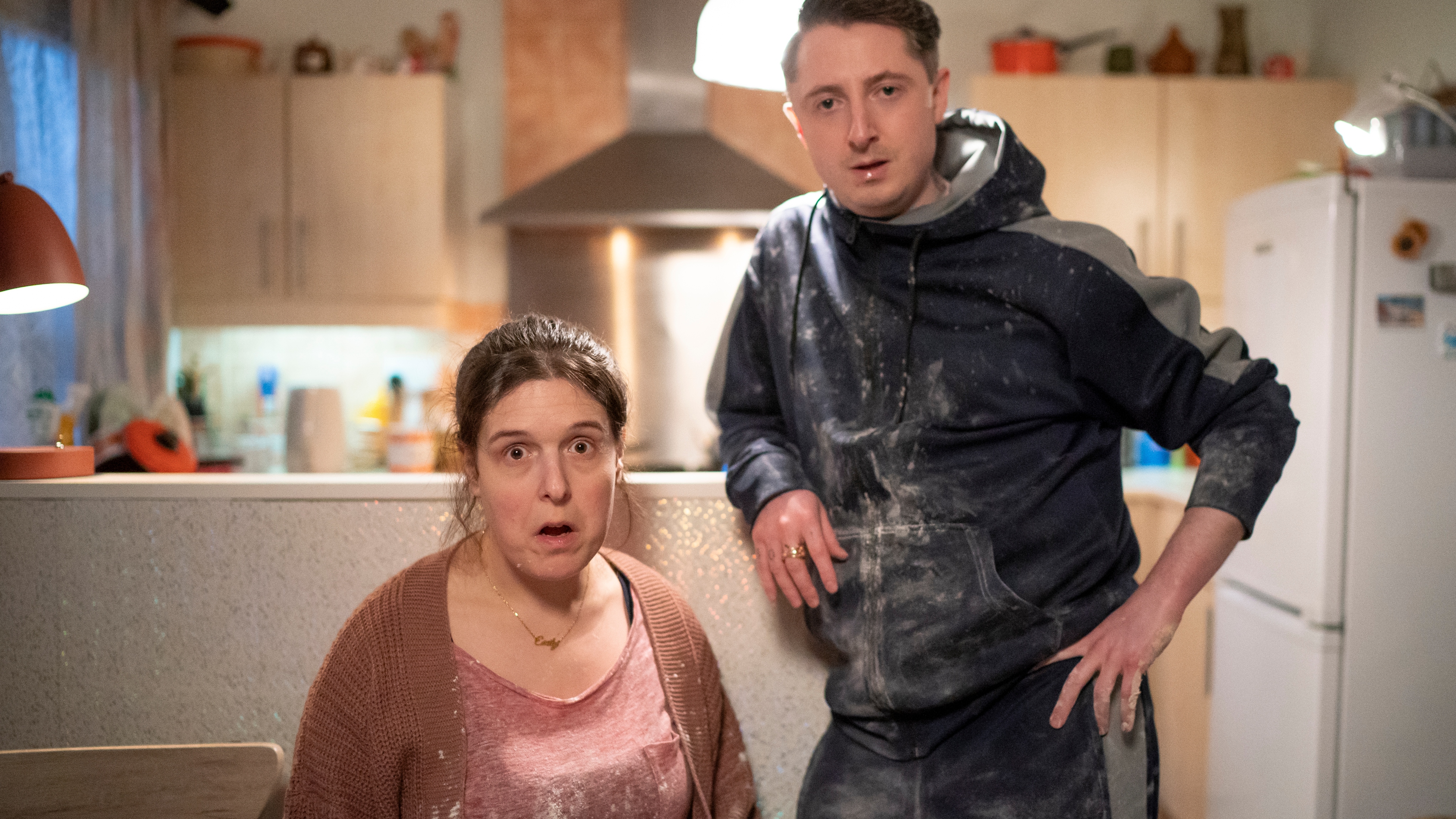 Rosie Jones and Ryan McParland as Emily and Ewen in Pushers.