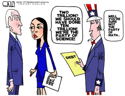 Political Cartoon U.S. biden aoc taxes debt