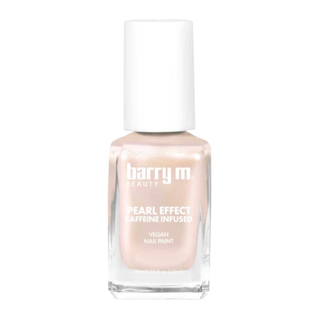 A product shot of the Barry M Pearl Effect Nail Paint Babyccino, a creamy pearl colour, on a white background