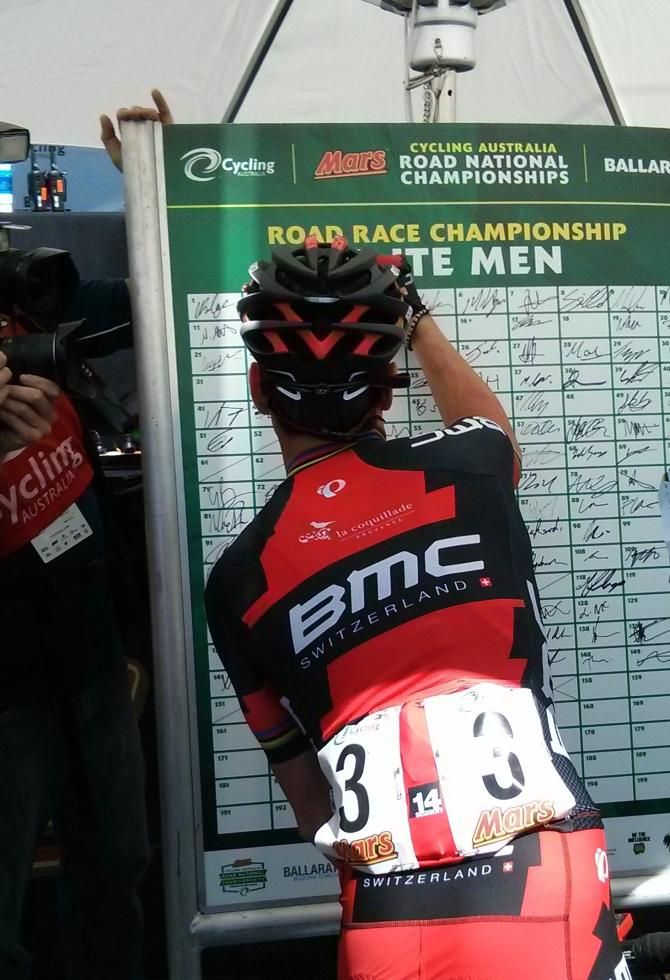 Cadel Evans (BMC) at the sign in for the 2014 national road race
