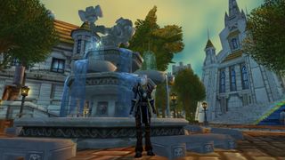 WoW Cataclysm transmog - a draenei is standing in Stormwind city next to fountain