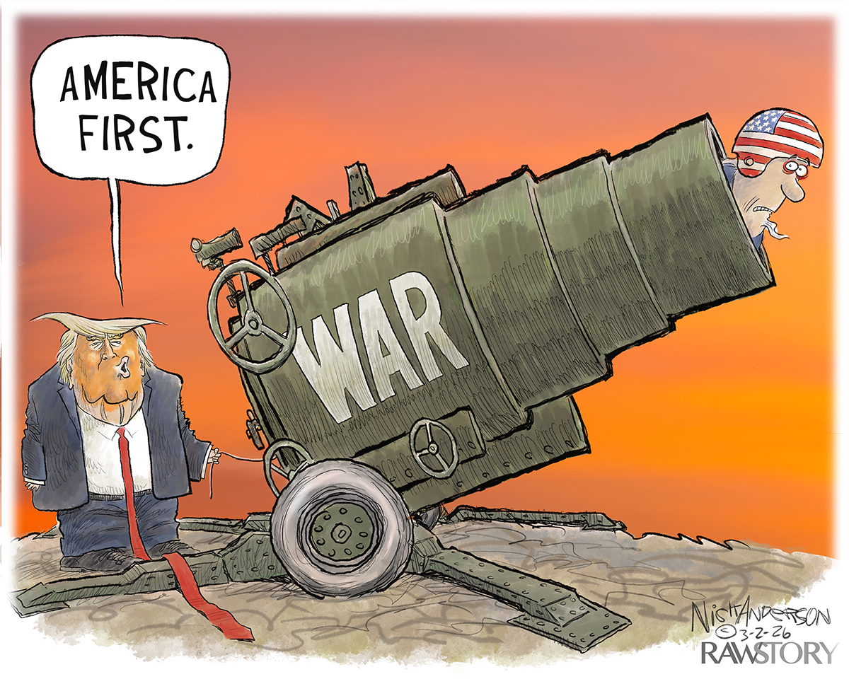Donald Trump stands next to a big, World War II-style cannon labeled &amp;ldquo;WAR.&amp;rdquo; A scared-looking man with an American flag helmet is in the cannon, about to be shot out. Trump holds a string that will fire the cannon and says, &amp;ldquo;America first.&amp;rdquo;