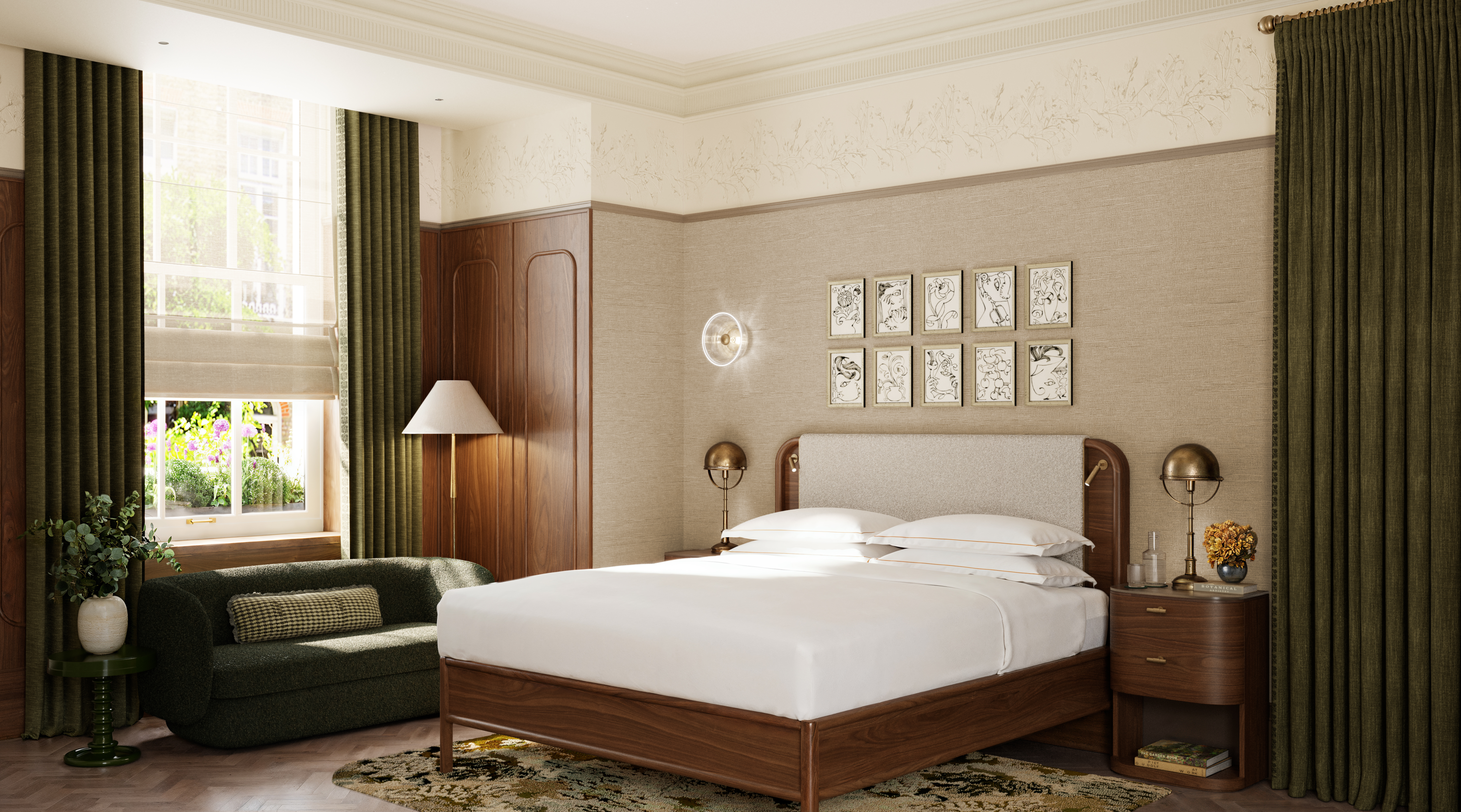 A botany-inspired hotel suite with green, textural tufted rugs under the bed frame, wood and textile wall paneling, musk green curtains, and framed artworks.