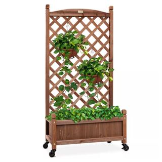 A Best Choice Products 60in Mobile Wood Planter Box & Diamond Lattice Trellis, with Drainage Holes and Optional Wheels, with green plants and white background