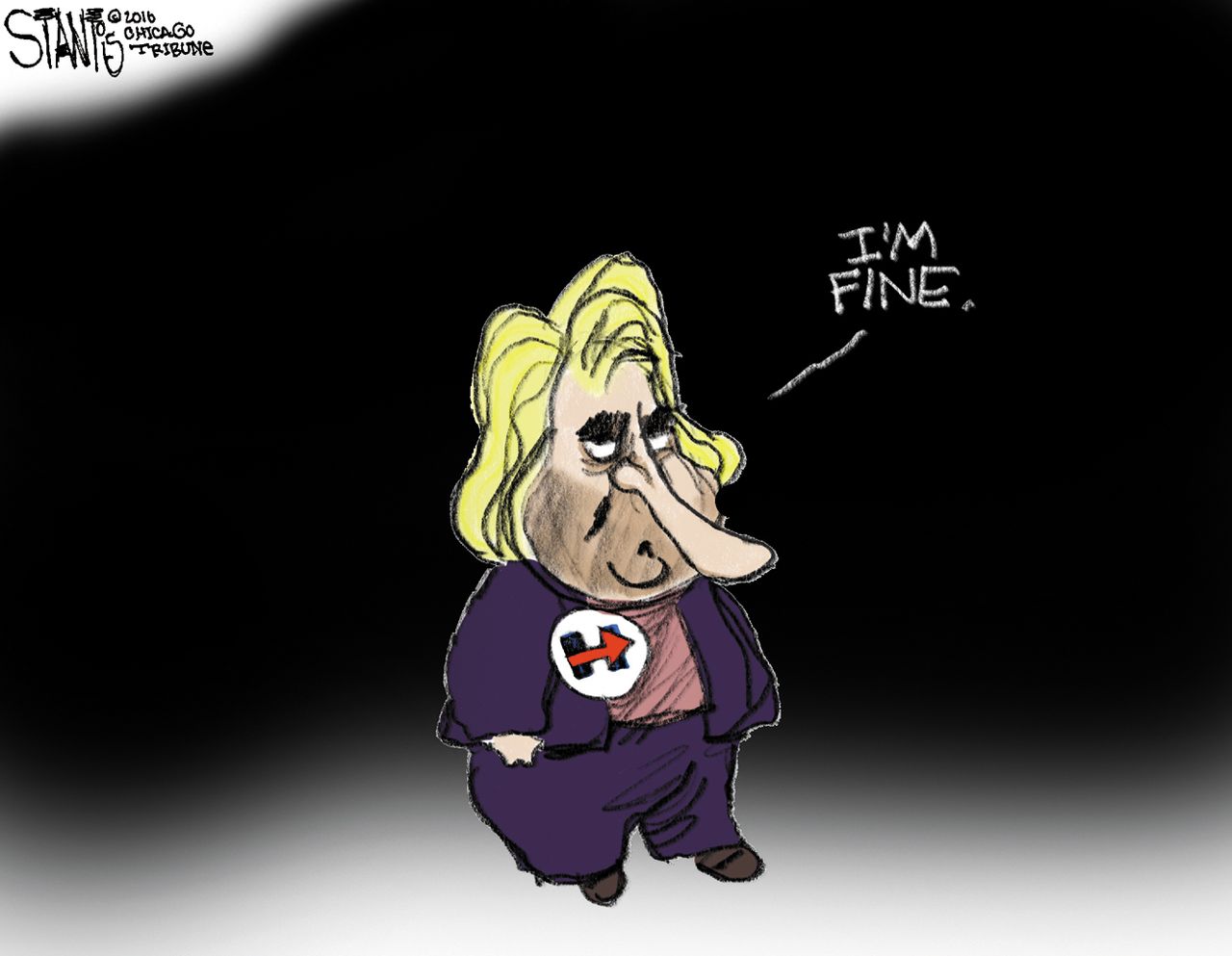 Political cartoon U.S. 2016 election Hillary Clinton health lying pinocchio nose