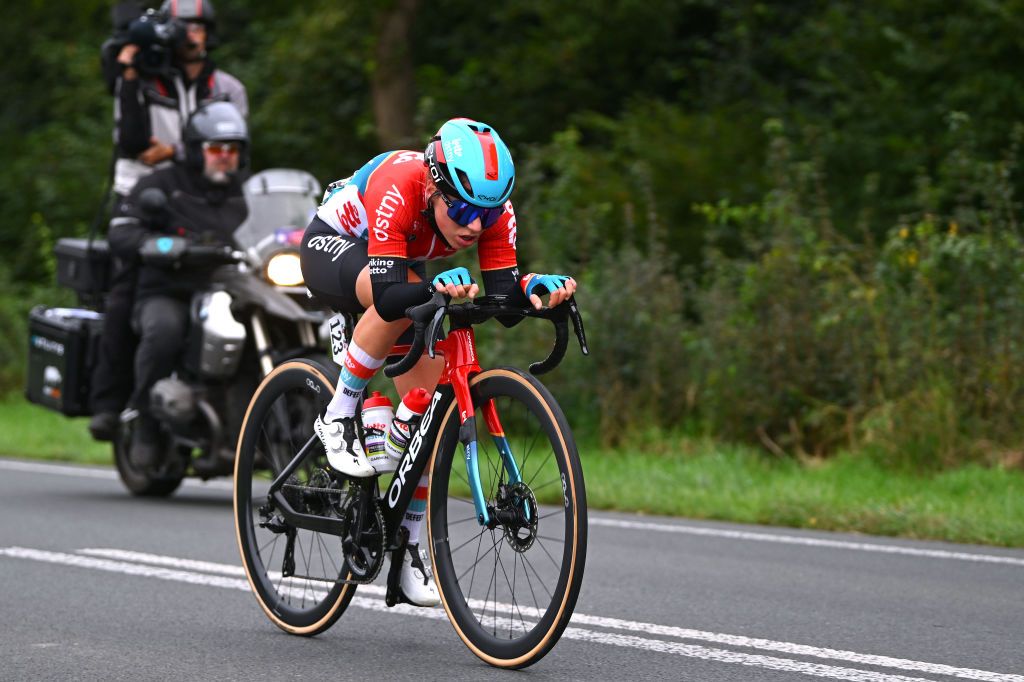 DOETINCHEM NETHERLANDS OCTOBER 12 Audrey De Keersmaeker of Belgium and Team Lotto Dstny Ladies competes in the breakaway during the 26th Simac Ladies Tour 2024 Stage 5 a 140km stage from Doetinchem to Doetinchem UCIWWT on October 12 2024 in Doetinchem Netherlands Photo by Luc ClaessenGetty Images