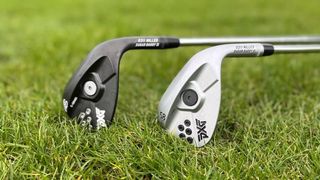 Two stunning PXG Sugar Daddy II Wedges resting on the fairway in two different finishes