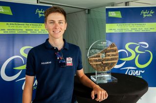 Tadej Pogacar with the 2019 Tour of Slovenia trophy he hopes to win