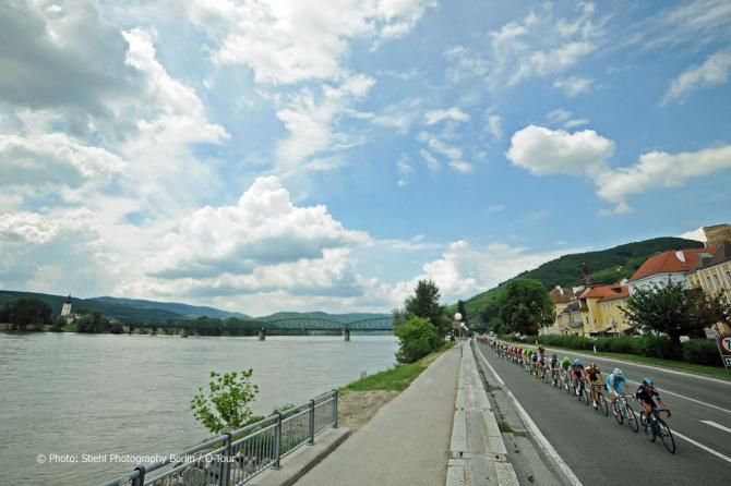 The Tour of Austria peloton in action during stage 6