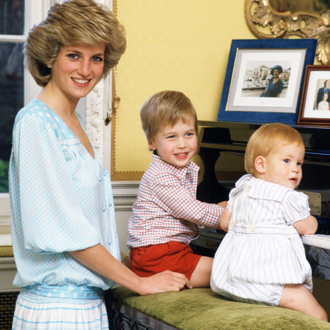 Princess Diana standing at a piano with Harry and William
