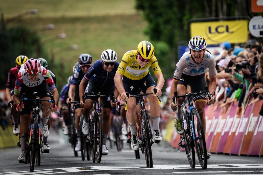 Movistars German Liane Lippert R sprints to win the second stage out of 8 of the second edition of the Womens Tour de France cycling race 151 km between ClermontFerrand and Mauriac in the AuvergneRhoneAlpes region southeastern France on July 24 2023 Photo by Jeff PACHOUD AFP Photo by JEFF PACHOUDAFP via Getty Images