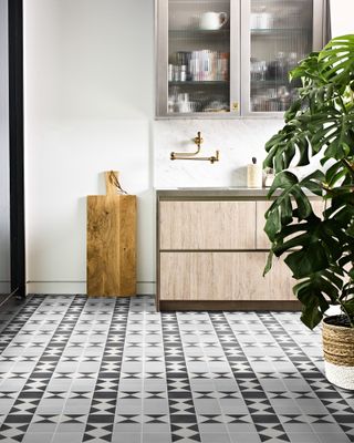 Black, white and grey tiled floor with wooden modern cabinets