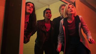 Sarah (AISLING BEA), Yasmin Khan (MANDIP GILL), Dan (JOHN BISHOP), The Doctor (JODIE WHITTAKER) in the 2021 Doctor Who Christmas Special.