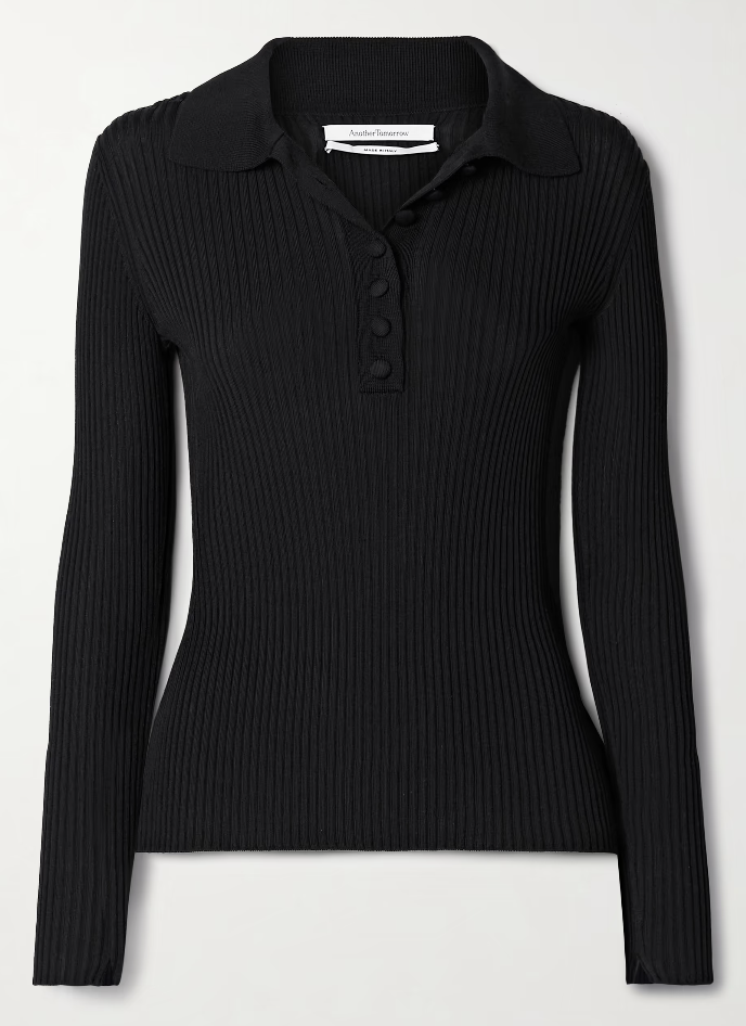 Another Tomorrow, Ribbed Knit Polo Sweater