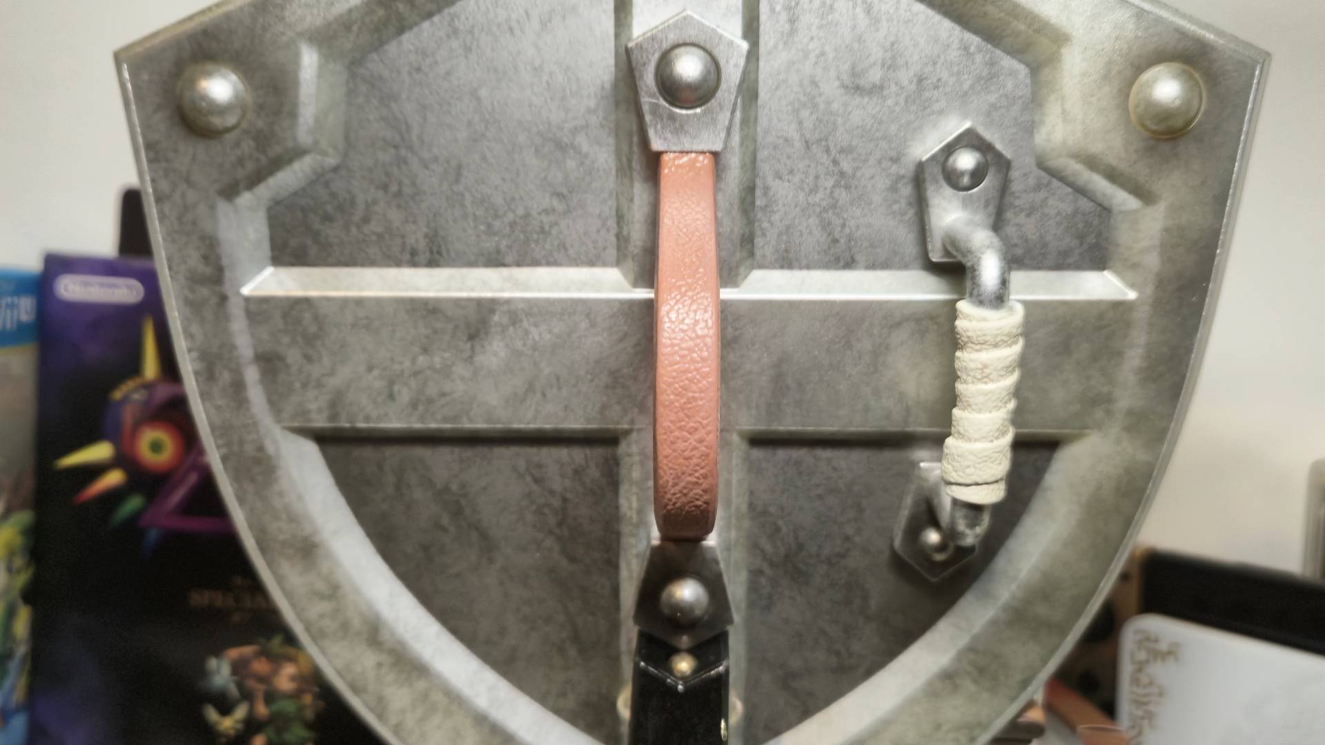 Photo of the back details of the F4F Hylian Shield replica.