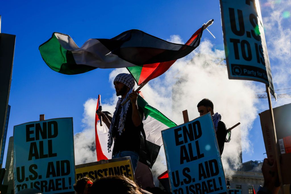 Pro-Palestinian protesters gather at the Civic Center in San Francisco, Calif.