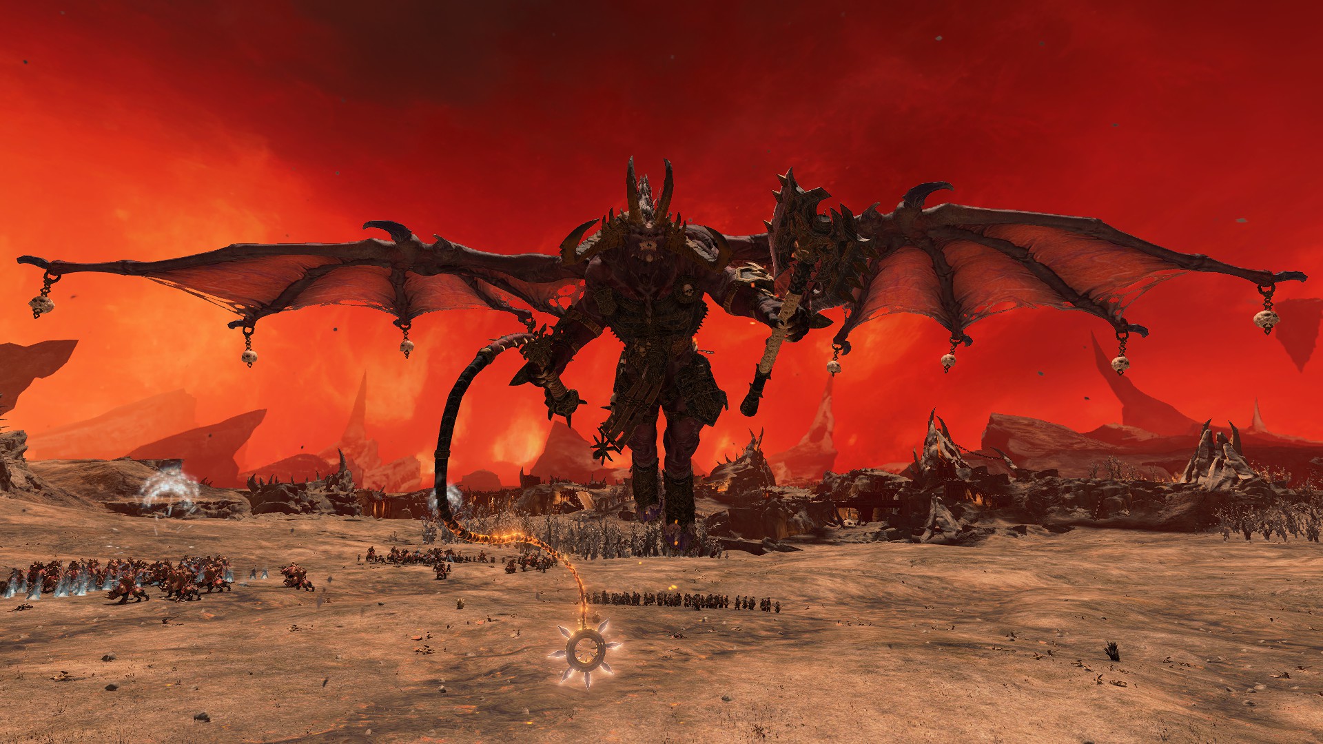A Bloodthirster flying in Total War: Warhammer 3