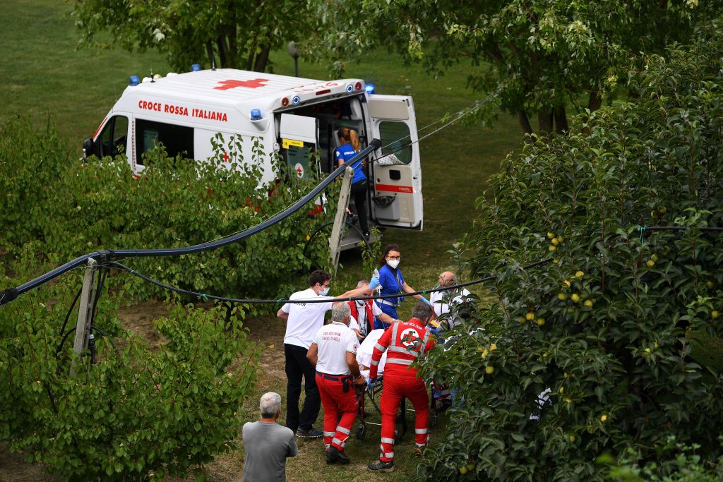 IMOLA ITALY SEPTEMBER 24 Chloe Dygert of The United States Crash Injury Accident Doctors Red cross Ambulance during the 93rd UCI Road World Championships 2020 Women Elite Individual Time Trial a 317km stage from Imola to Imola ITT ImolaEr2020 Imola2020 on September 24 2020 in Imola Italy Photo by Tim de WaeleGetty Images