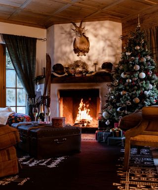 A traditional living room with fireplace and Christmas tree