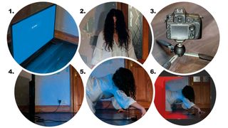 Six steps showing a TV, a model dressed as a specter, a camera on a tripod, the specter crawling out of a TV and an editing screenshot from Adobe CC