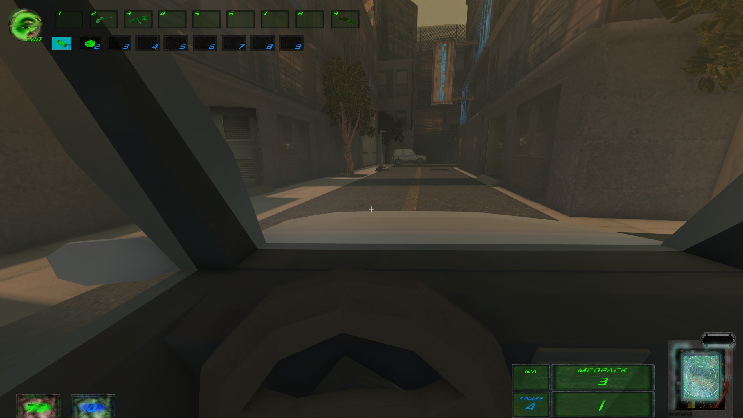 Driving a car.