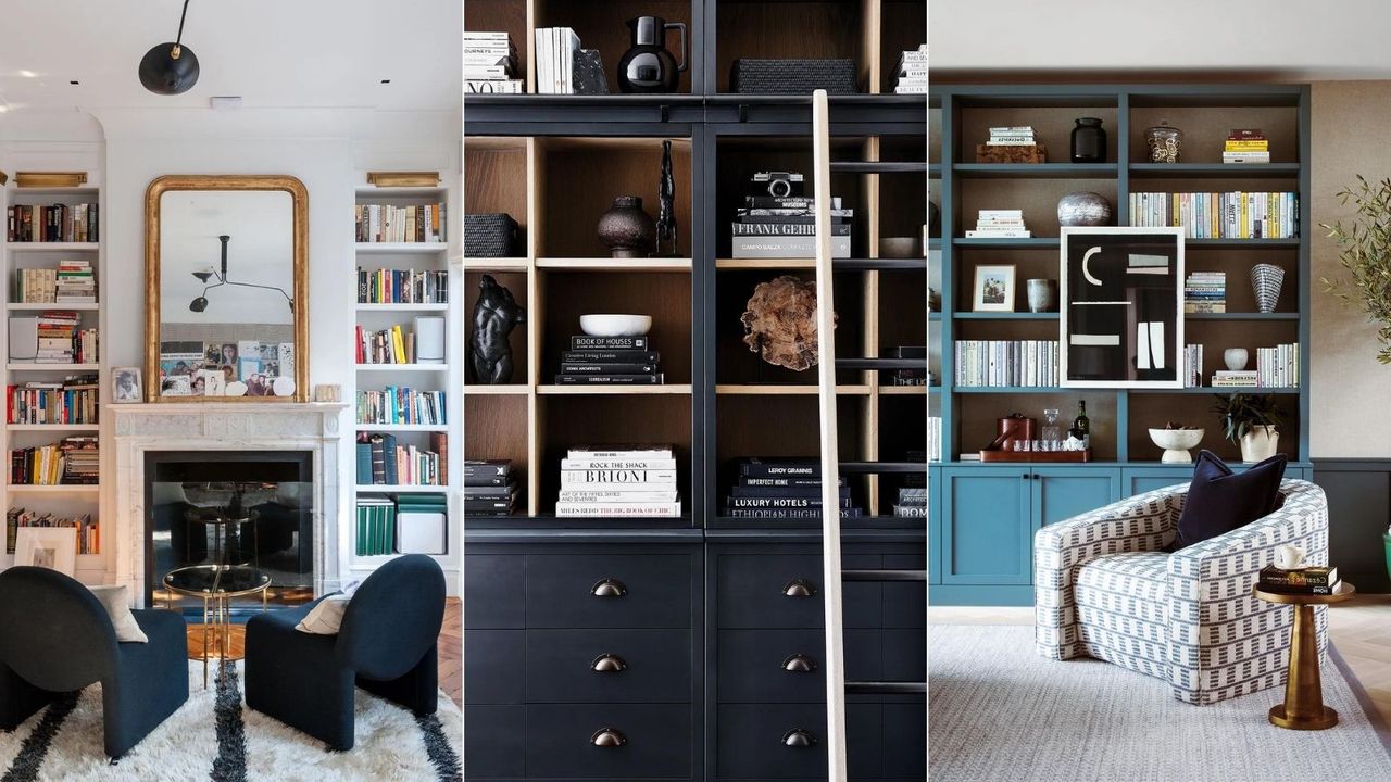 three images of living room shelving