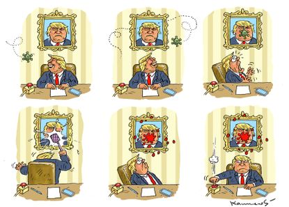 Political Cartoon U.S. Trump coronavirus contagious hits Trump