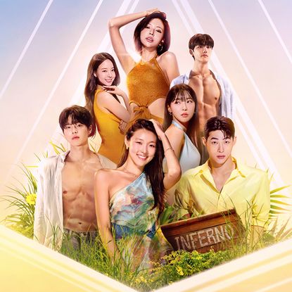Portraits of seven Korean men and women are arranged in a pyramid, with a base of grass, yellow flowers, and a wooden sign reading Inferno, in a promo image for Netflix's 'Single's Inferno' season 5.