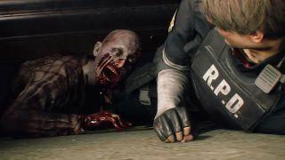 Leon Kennedy fighting a zombie in Resident Evil 2 Remake