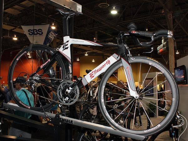 The new Ellsworth Coefficient carbon fiber time trial bike features front and rear wheel cutouts and aero-profile tubing.