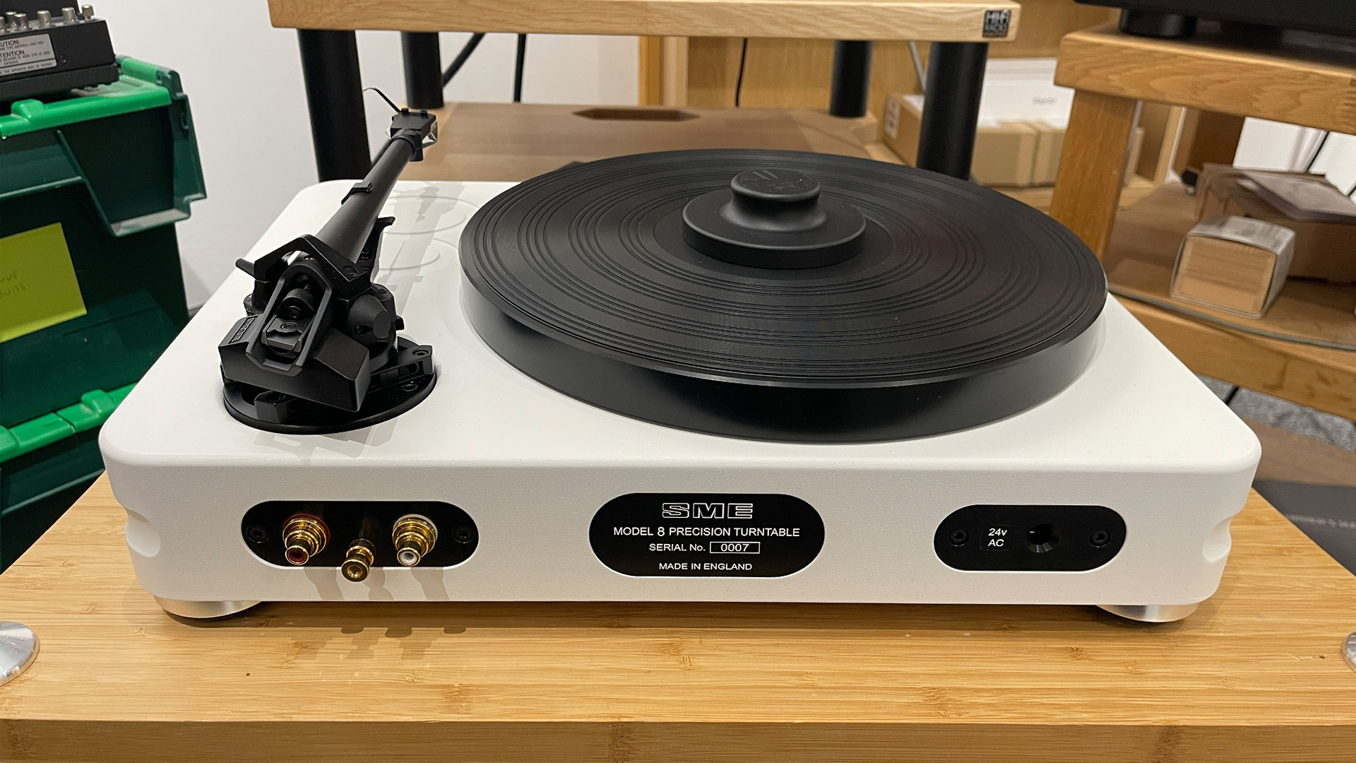 SME Model 8 turntable on wooden hi-fi rack showing rear connections