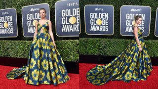 taylor swift in a blue and yellow patterned gown at the 202 golden globes