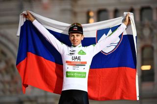 2019 Vuelta a España: Tadej Pogačar celebrates taking his first Grand Tour podium