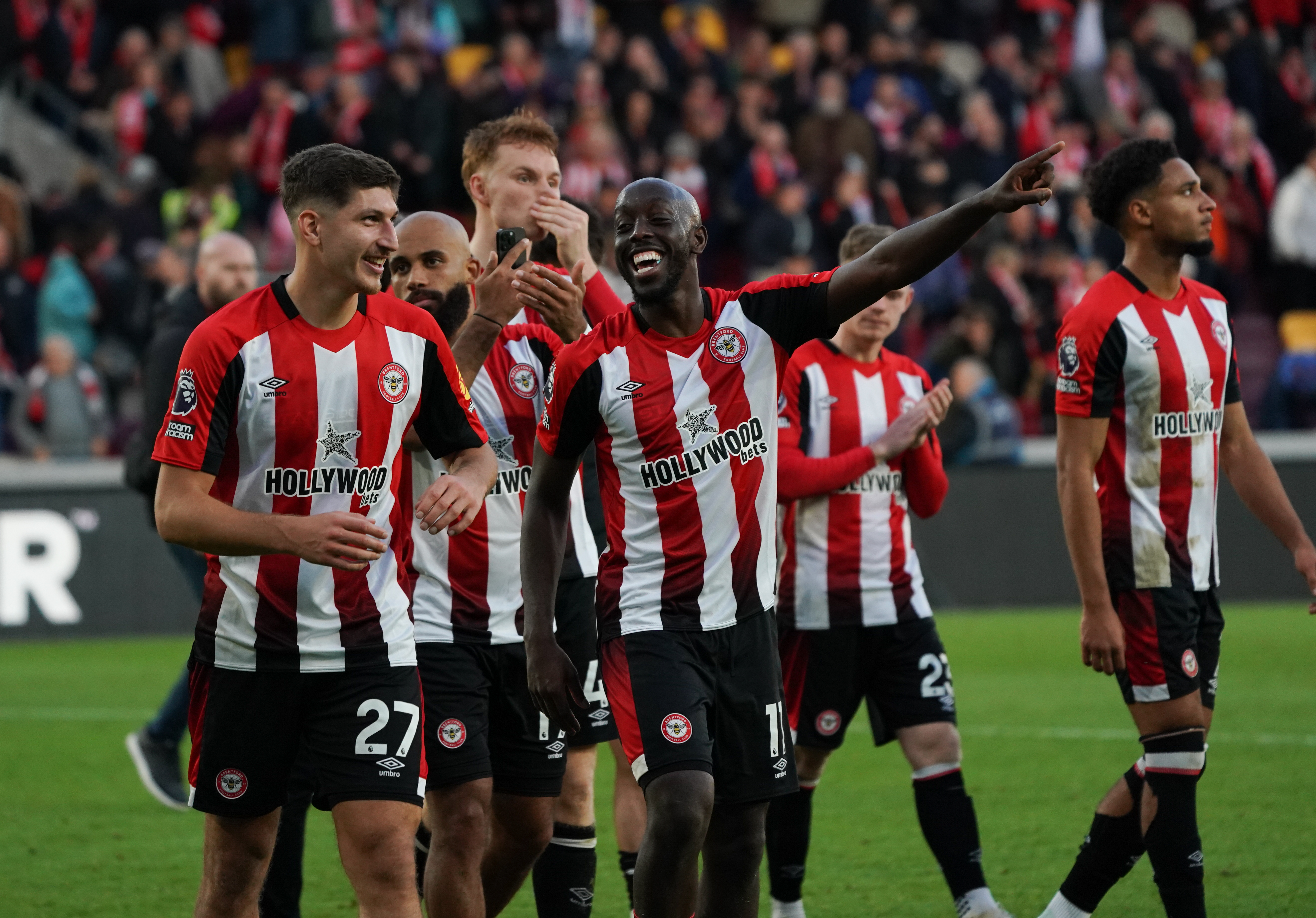 Brentford players celebrate victory against Ipswich Town in the Premier League in October 2024.