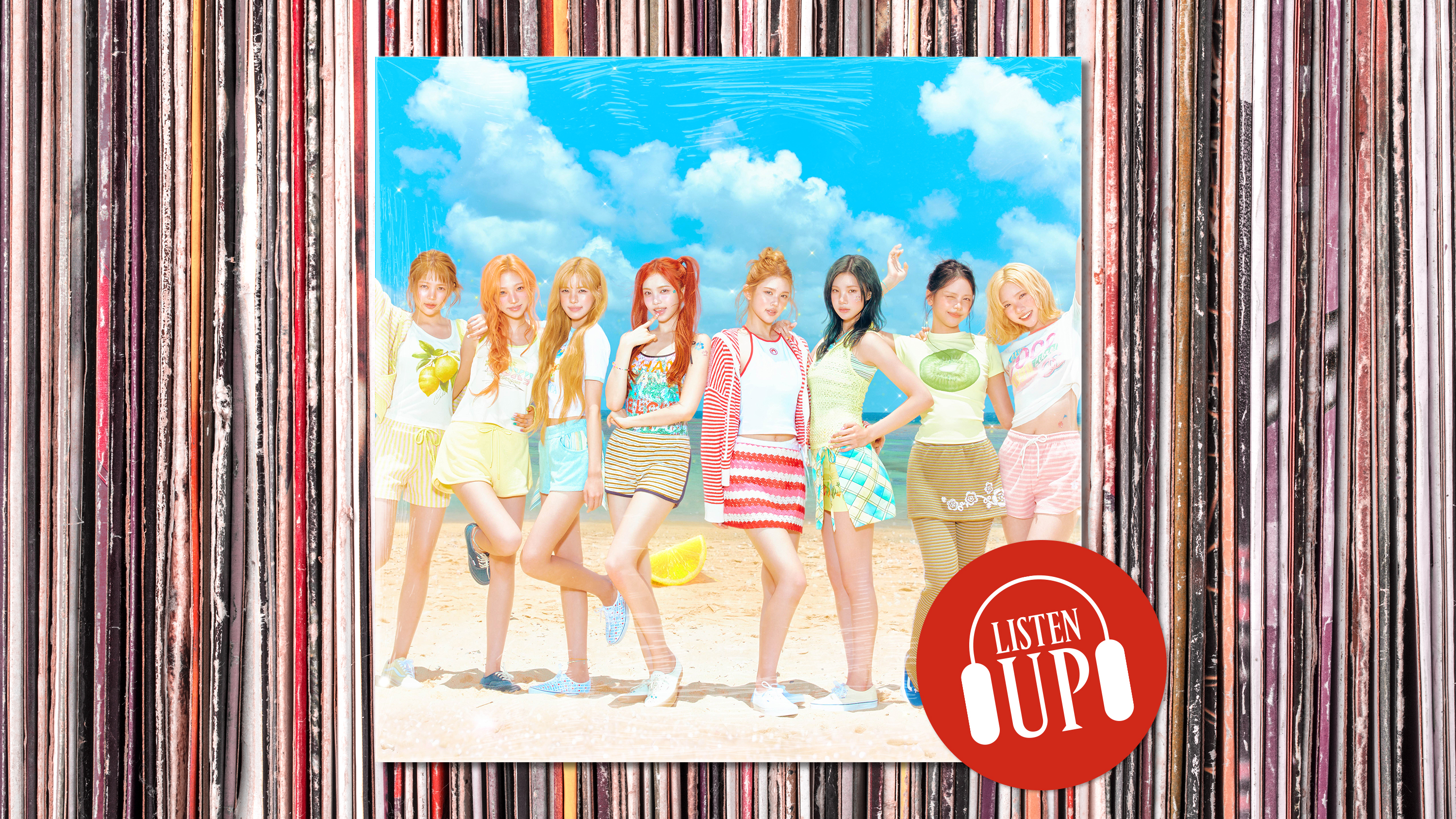 the kpop girl group hearts2hearts poses together on a beach with the logo for marie claire's music interview series listen up over them