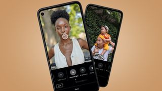 Two phones containing portrait photos of people