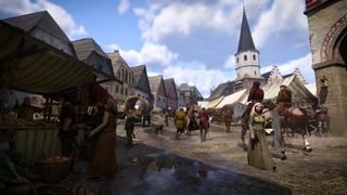 A bustling town square in Kingdom Come: Deliverance 2