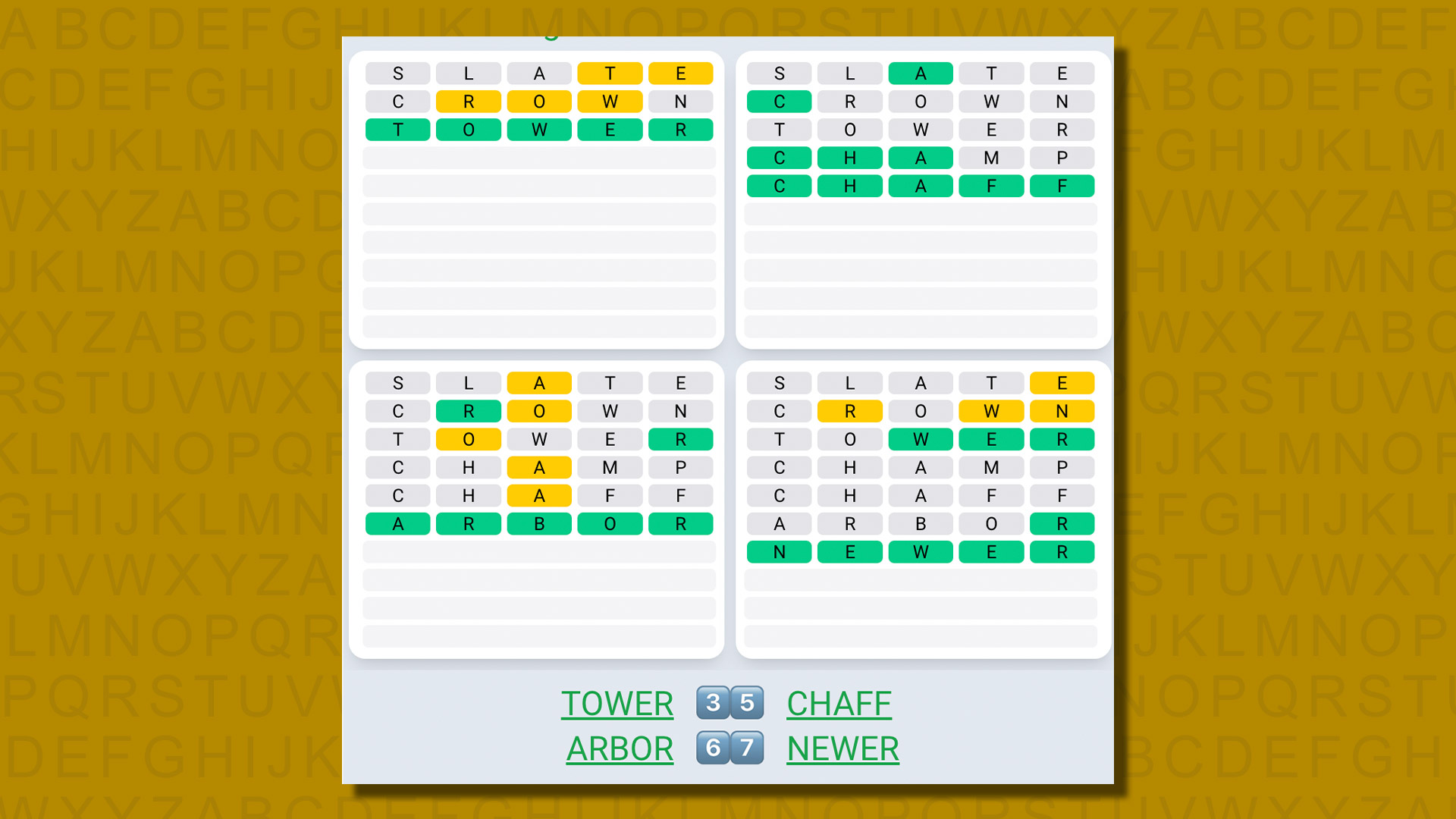 Ежедневная последовательность ответов Quordle для игры 585 на желтом фоне