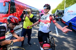 Tadej Pogacar (UAE Team Emirates) celebrates his Liège-Bastogne-Liège win