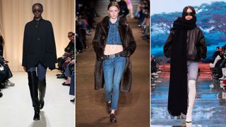 Split image of models at Bally, Miu Miu, Balenciaga fall 2024 shows wearing skinny jeans