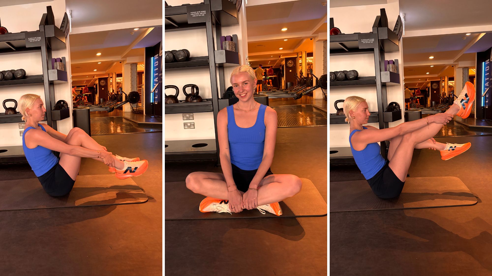 Health writer Ashleigh Spiliopoulou trying the Pilates open leg rocker exercise move
