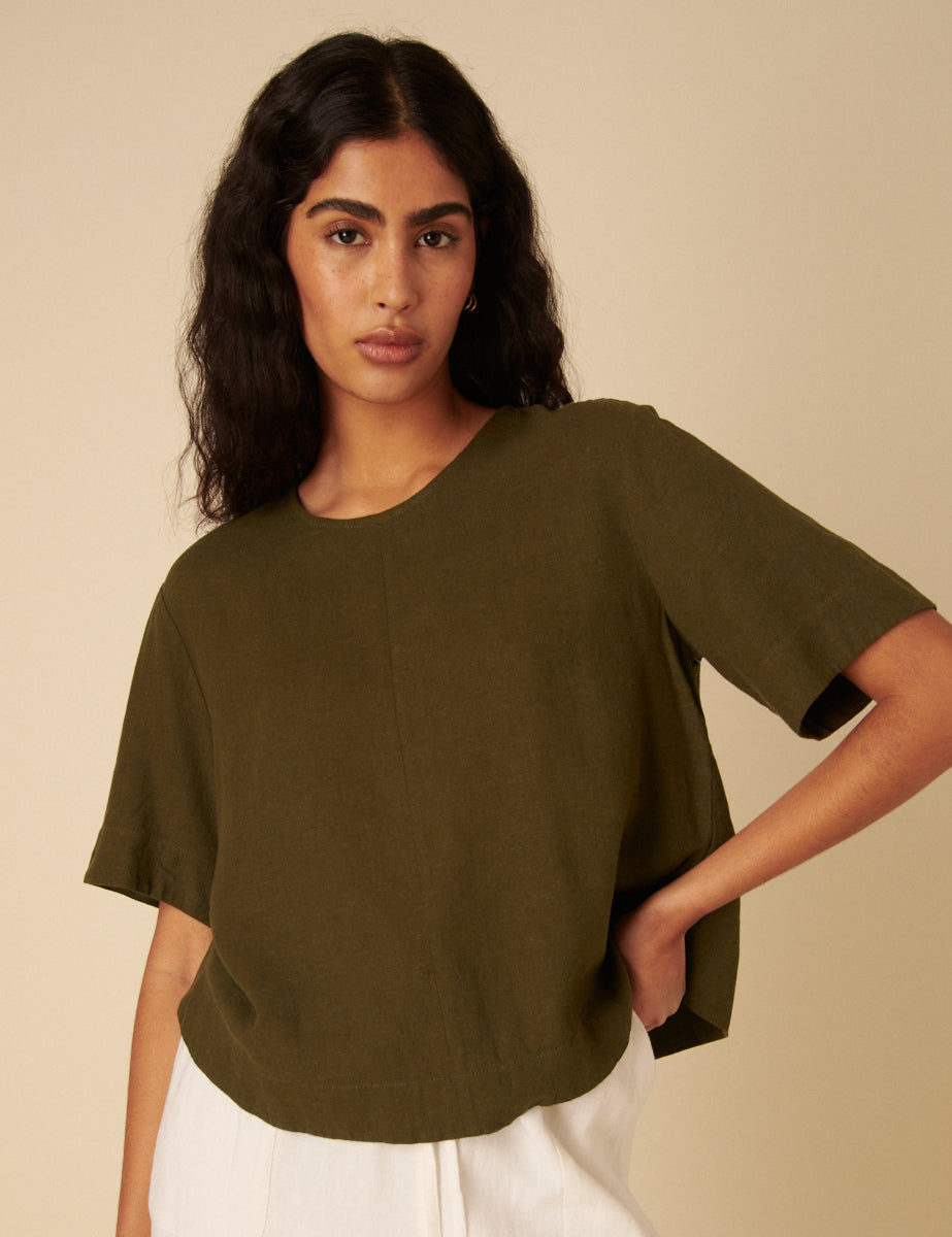 Green Linen-Blend Short Sleeve Top