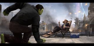 Hulk lands on roof in front of woman reclining on garden chair