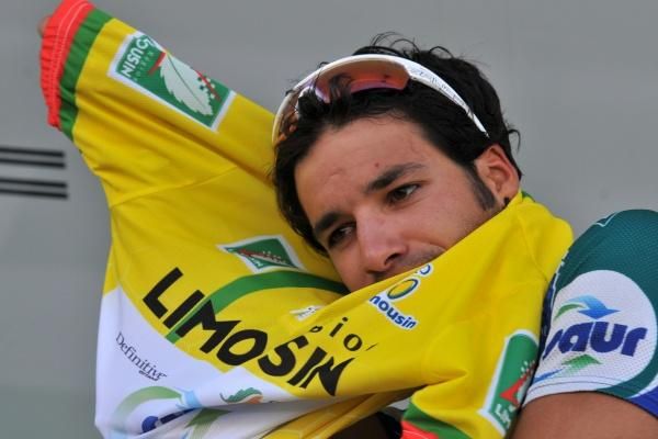 J&eacute;r&eacute;mie Galland (Saur - Sojasun) dons the leader's yellow jersey.