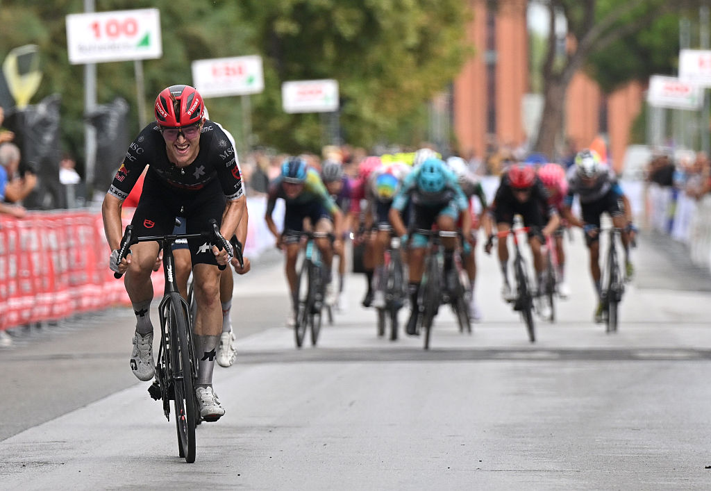 PONTEDERA, ITALY - SEPTEMBER 10: Michael Storer of Australia and Team Tudor Pro Cycling crosses the finish line as second place winner during the 97th Giro della Toscana - Memorial Alfredo Martini 2025 a 189.4km one day race from Pontedera to Pontedera / #UCIWT / on September 10, 2025 in Pontedera, Italy. (Photo by Luc Claessen/Getty Images)