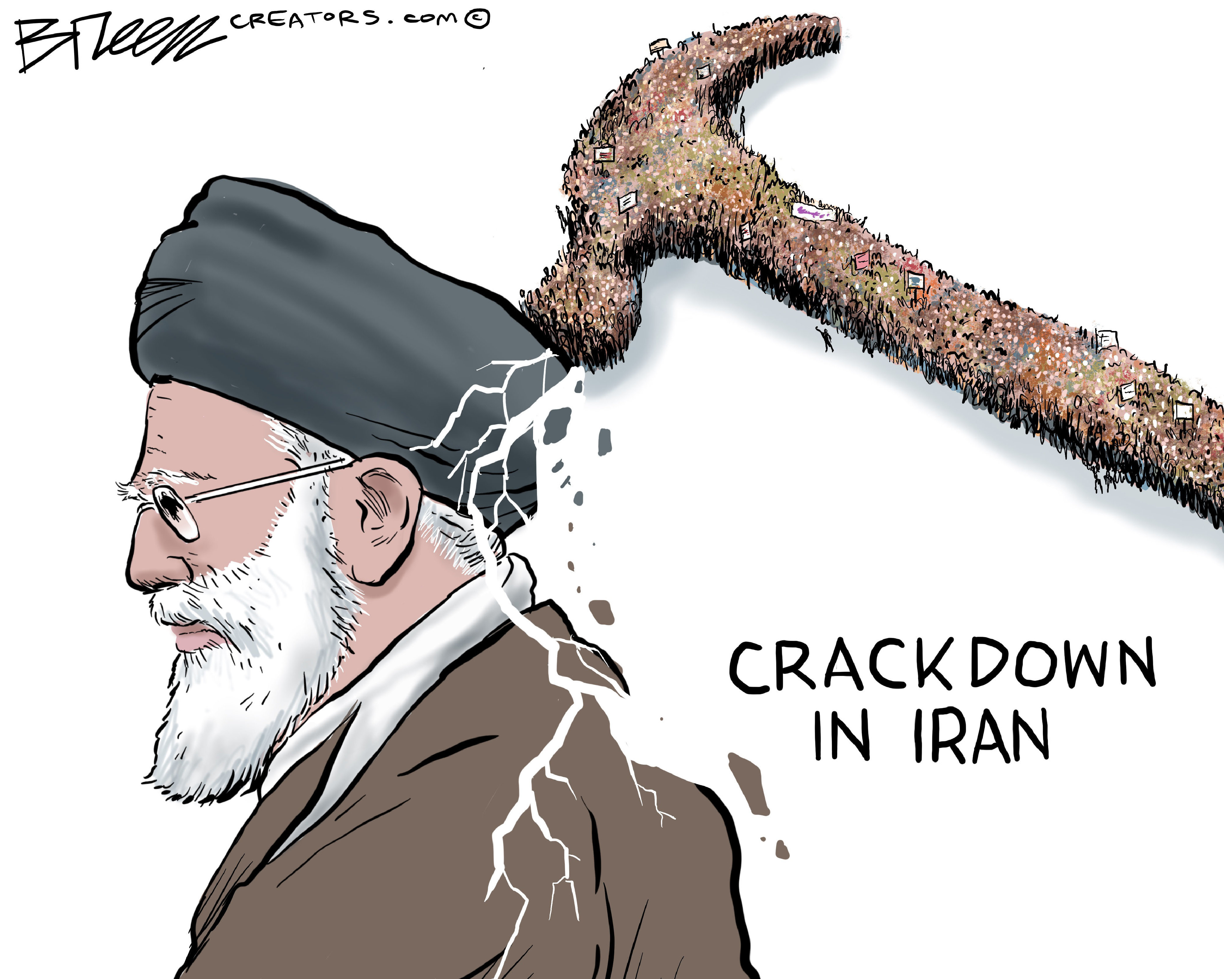 This cartoon is titled Crackdown in Iran. It depicts a side view of a fractured Ayatollah Ali Khamenei. He&amp;rsquo;s been cracked by thousands of protestors who are formed into the shape of a hammer.