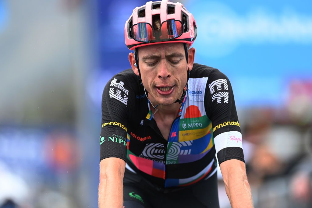 VALLE SPLUGA ALPE MOTTA ITALY MAY 29 Hugh Carthy of United Kingdom and Team EF Education Nippo at arrival during the 104th Giro dItalia 2021 Stage 20 a 164km stage from Verbania to Valle Spluga Alpe Motta 1727m UCIworldtour girodiitalia Giro on May 29 2021 in Valle Spluga Alpe Motta Italy Photo by Stuart FranklinGetty Images