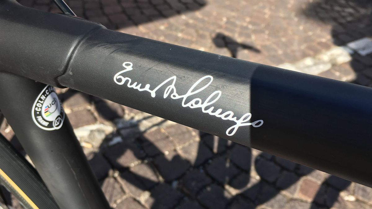 Ernesto Colnago's signature sits on the top tube of Colnago frames